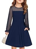 Haloumoning Kleider Mädchen Festliches Prinzessin Kleid Kinder Kontrast Mesh Langarm Puff Sommerkleider Elegant A-Linie Rundhals Partykleid mit Taschen, Marineblau, 9-10 Jahre
