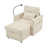 HAINEW Loungesessel Schlafsessel Einzelsofa mit Stauraum und Handyhalterung, Relaxsessel Fernsehsessel Schlafsofa Polstersessel für Wohnzimmer, Schlafzimmer, 84,5×125×87cm, Chenille-Stoff (Beige)