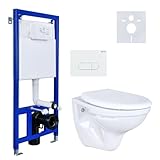 Belvit Hänge WC Komplettset - Basic Vorwandelement + Wand Toilette Weiß Tiefspüler mit Toilettendeckel mit Absenkautomatik + Betätigungsplatte + Schallschutz
