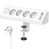 Tischsteckdose mit USB C (PD 20W), 8 in 1 Steckdosenleiste Schreibtisch mit Schalter, 4 Fach Mehrfachsteckdose 4 USB, Überspannungsschutz mit 2M Kabel für Zuhause Büro (Weiß)