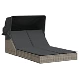 Emmtore Sonnenliege, Doppelliege mit Dach Auflagen, Gartenliege Verstellbare Rückenlehne, Relaxliege Liege Gartenmöbel,Poly Rattan Sonnenliege,Grau