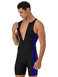 MSemis Herren Schwimmanzug mit Bein Bademode Einteiler Badeanzug Äremllos Swimsuit Männer Surf Wassersport Badebekleidung S-XXL Schwarz&Blau XXL