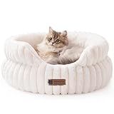 MEWOOFUN Stilvolle Katzenbetten für Katzen, weiches rundes Hundebett für kleine und mittelgroße Hunde, waschbares, beruhigendes Haustierbett (Beige, S)