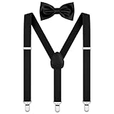 AOOWU Hosenträger für Herren, Breit 2.5 cm mit sehr Starken 3 Metall Clip, 2er Set mit farblich passender Fliege, Einstellbar und Elastisch Einheitsgröße für Männer und Damen, X Style (Schwarz)