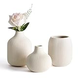 Dnnnii Kleines Keramikvasen-Set 3-TLG Beige - Minimalistische Vasen mit Rillendesign, kompakte Übergangsdekoration für Wohnzimmer, Schlafzimmer, Büro (3-TLG Beige Keramikset)