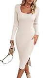 VOGMATE Strickkleid Damen Winter Langarm Kleid Sexy Herbstkleid Partykleid Midikleid Knit Bodycon Dress Pulloverkleid Weiß S