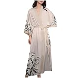 Langer Damen-Bademantel, seidiger Kimono, weich, lässig, Loungewear, weicher Kimono, Robe, V-Ausschnitt, langer Strick-Bademantel, Nachtwäsche, Nachtwäsche für alle Jahreszeiten, Einheitsgröße,