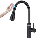 CREA Touch Sensor Wasserhahn Armatur Küche ausziehbar, Küchenarmatur mit Brause drei Wasserstrahlarten, Hochdruck Einhebelmischer Spültischarmatur 360° Schwenkbar aus Edelstahl, schwarz matt