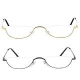 Halblinsen-Lesebrille, 2 Paar, halber Rand, 2, 50, Lesebrille, Damen und Herren, ultraleichter Rahmen, Metallscharnier, rutschfest, grau + goldfarbener Rahmen, Linse, 50