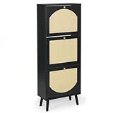 TactFire Schuhschrank Schmal, Schuhregal mit 3 Klappen, Schuhkipper mit Verstellbar, Schuhaufbewahrung Holz, Schuhablage Schuhkommode, Geflochtene Rattan-Schubladenfront, 54x24x135cm (Schwarz)