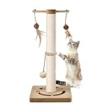 AUSCAT Kratzsäule für Katzen, Kratzbaum mit Verschiedenen Interaktiven Spielzeug, Kratzstamm mit Natürlichem Sisalseil in Modernem Design- 63cm Beige