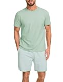 Atforna Schlafanzug Herren Kurz Streifen Pyjama Set Sommer Baumwolle Schlafanzüge für Männer Nachtwäsche Shorty Zweiteiler Pijamas, Hellgrün, L