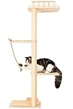 PURRLIS - Wand-Kratzbaum aus Naturholz | Kletterturm 132 cm mit Kratzstange, breite Plattformen & Sitzstange | Design-Wandregal mit Kissen, Matte & Kratzbaum für Katzen