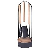 raik Kaminbesteck Magnus 4-teilig aus Stahl und Holz anthrazit 61 cm mit Schürhaken, Kaminschaufel, Kaminbesen und Vorratsbox für Anzünder modernes Design für Kaminofen oder Kamineinsatz