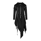Herren Vintage Steampunk Gothic Jacke Viktorianische Retro Unregelmäßiger Saum Mantel Mittelalter Karneval Cosplay Smoking Kapuzenuniform Oberbekleidung Overcoat Streamer, Schwarz , L