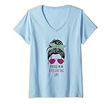 Damen Kitesurfing Mom Outfit Unordentlicher Haarknoten Muttertag T-Shirt mit V-Ausschnitt