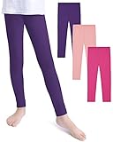 KEREDA Mädchen Leggings Lange Sport Hosen Kinder Baumwolle Sporthose 3er-Pack, Rosarot/Rosa/Dunkelviolett, 116-122