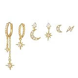 TOEECY Ohrringe Set 6 Pcs Sterling Silber Gold Ohrstecker Set Mond Und Die Sterne Zirkonia Ohrringe Vergoldete Creolen mit Anhänger Minimalistische Earings Gold A