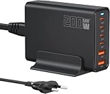 200W USB C Ladegerät, PD 100 W Schnellladegerät 6 Port Ladestation GaN-III Charger, Netzteile Kompatibel mit MacBook Pro/Air, Dell XPS, iPhone 15/16/14/Pro, Samsung, Xiaomi, iPads, Steam Deck