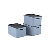 Jive 3er Set Dekobox A4 fog blue 3er- Set Aufbewahrungsbox 16l mit Deckel, Kunststoff (PP recycelt), blau/anthrazit, 3x16l (37.5 x 27.8 x 29.8 cm)