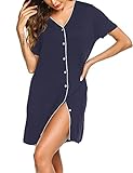 ADOME Damen Nachthemd Kurzarm Nachtwäsche Negligees Schlafhemd T-Shirt Sleepshirt Still Nachthemd Geburt Navy Blau S