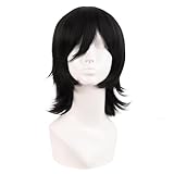 MapofBeauty 14 Zoll/35 cm Kurze Cosplay Anime Perücke Mit Pony Wolf Tail Synthetische Haarfasern für Partys Perücke (Schwarz)