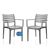 BigDean 2X Gartenstuhl stapelbar mit Armlehne Grau stapelbare Outdoor Stühle bis 160kg wetterfester Essstuhl – Made in Europe