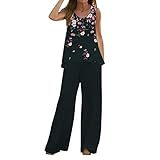 Damen Zweiteiler Sommer Hosenanzug Lässig bedruckte Weste Ärmelloses Oberteil lockere Hose 2 Teiler Set Boho Casual Bedruckte Einfarbig Armelloses Oberteil Lockere Hose Set Outfit Sport Anzug