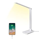 ELITUN Schreibtischlampe, LED Lamp 5 Farb 3-stufiges Dimmen tischlampe USB Ladefunktion Nachttischlampe stilllicht mit Memory-Funktion Augenfreundliche Leselampe büro organizer weiß Tischleuchte