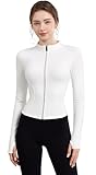 EIISSION Sportjacke Damen Laufjacke Sport Oberteil Jacke Yoga Gym Top Langarm Weiß Trainingsjacke Winter Fitness Slim Fit Sweatjacke Reissverschluss Laufshirt mit Daumenloch L