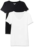Amazon Essentials Damen Kurzärmeliges T-Shirt mit V-Ausschnitt, Schmale Passform, 2er-Pack, Schwarz/Weiß, S