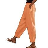 Korallen-Skihose aus Baumwolle und Leinen für Damen, elastischer Bund, hohe Taille, Taschen, seitliche Knöpfe, neun Punkte, lässig, mit geradem Bein, Skihose, weiß, große Größe, Orange, X-Large