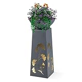 Hoberg LED Pflanzsäule Ginkgoblätter-Design in Beton-Optik | Abnehmbare Pflanzschale (Ø 34cm) In- und Outdoor geeignet | Integrierte Beleuchtung, 6h Timer, kabellos [23 x 23 x 70 cm]