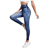 Gellmall Damen Jeansoptik Leggings High Waist Jeggings Elastic Jeans Frauen Lange Skinny Hosen Treggings Yogahose Fitnesshose L