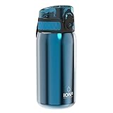 ion8 Kinder Trinkflasche, Edelstahl Leicht 400ml, Nicht Isoliert, Auslaufsicher, Einhandöffnung, Sichere Verriegelung, Spülmaschinenfest, Klappdeckel, Tragegriff, Leicht zu Reinigen, Blau