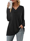 Florboom Tshirt Damen V Ausschnitt Oberteile Langarm Bluse Einfarbiges Tuniken Schwarz XL