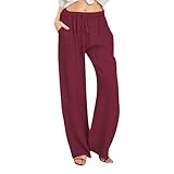 Damen Leinenhose Weite Sommerhosen Leicht mit Elastischem Bund Casual Loose Fit Trousers Freizeithose mit Taschen Frauen Hosen Hippie Boho Haremshosen