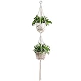 Doppelschicht Makramee Blumenampel Töpfe,Hängeampeln für Pflanzen Innen Outdoor, Boho Deko Hängeblumentöpfe, Hängepflanzen Topf mit Metallhaken für Garden,Living Room,Window Pflanzenampel Balkon Deko