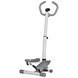 HOMCOM Stepper mit Handgriff Fitness Heimtrainer für Zuhause klein Fitnessgerät für Bein- und Po-Training mit LCD-Bildschirm einstellbare Geschwindigkeit Metall ABS Weiß+Grau 55 x 53 x 118-128 cm