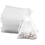 Leylve 100 Stück Organzasäckchen, Organzabeutel, 7 x 9 cm, Geschenkbeutel, Schmuckbeutel, Hochzeit-Säckchen, Lavendelsäckchen-Säckchen, Hochzeitsbevorzugung, Festivalparty, Satin-Kordelzug(Weiß)