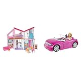 Barbie Malibu Haus & Puppe und Cabrio in rosa mit Glitzer, realistische Reifen und Barbie Logo, Spielzeug ab 3 Jahren, DJR55