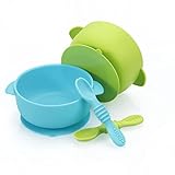 PandaEar 2 Stück Silikon Baby Schüssel Saugnapf mit 2 Babylöffel| Baby Breischale Kinderschüssel Baby Bowl Großer Saugnapf| Weichsicheres BPA-freies| Baby Kleinkinder| Blau Grün