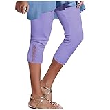 Nquwgumh Damen-Leggings, einfarbig, elastische Taille, modische Spitze, hohe elastische Hose, kurze Hose, Yogahose, Capri-Leggings, Leggings für Damen, Größe 3/4, Übergröße, violett, S