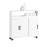SoBuy Badezimmerschrank Nischenschrank auf Rollen Schmaler Schrank mit 2 Schiebetüren & offener Ablage Badmöbel Kommode für Bad, WC, kleine Räume 70x71x20cm Weiß BZR02-W