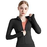 BenBoy Damen Laufjacke Atmungsaktive Sportjacke Langarm Weiches Gym Top Leichtes Trainingsjacke mit Reißverschluss Fitness Top mit Daumenlöchern Yoga Wandern SYMTWT03-Black-XS