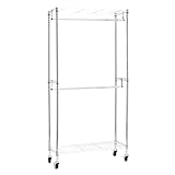 Amazon Basics Doppel-Kleiderstange Offen mit Rädern und Höhenverstellbaren Regalen - Maximalgewicht 181 kg, Chromfarben, 91 cm L x 35,5 cm W x 183 cm H