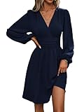 LIAMERHE Damen Elegant Kleid Langarm V-Ausschnitt Casual Kleider A-Linie Winterkleider Blumenmuster Minikleid Freizeitkleider Herbst Winter Laternenärmeln Kleid Partykleid Marine M