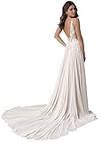 HUINI Brautkleid Damen Lang Hochzeitskleid Standesamt Boho Vintage Strand Brautmode Brautkleider mit Schleppe C-Weiß 42