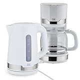 KHG Frühstücksset Wasserkocher Kaffeemaschine 2-teilig, 2.200 & 1.000 Watt, Kapazität 1,7 Liter Wasser oder 12 Tassen Kaffe, mit Kalkfilter & Permanent-Kaffeefilter – Weiß