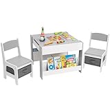 Yorbay Kindertisch mit 2 Stühle, Kindermöbel Set aus Holz mit Stauraum und Bücherregalen, 3 in 1 Maltisch & Aktivitätstisch & Tafeltisch, Kinderzimmer, Spielzimmer, Vorschüler (Grau)